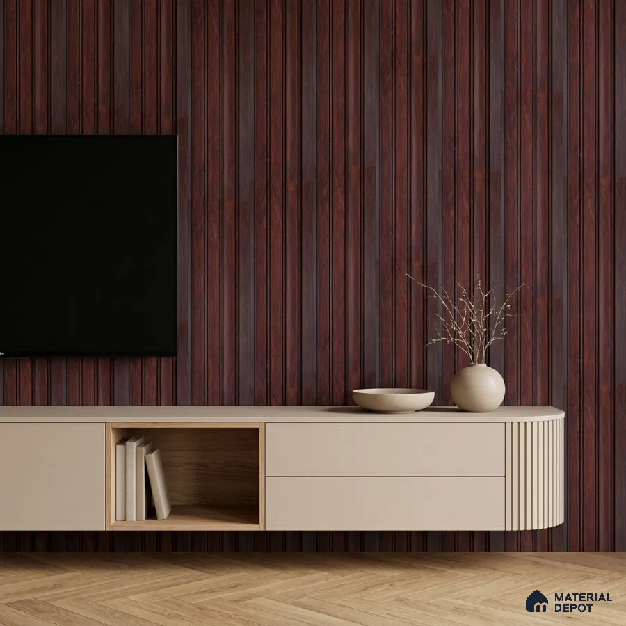 Modern TV unit with walnut brown fluted wall panels and beige matte laminate floating cabinet