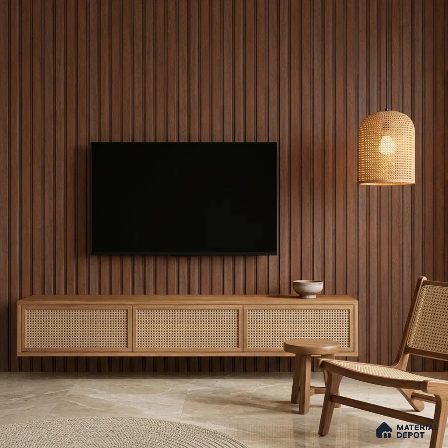 Japandi TV unit with walnut wood fluted wall panels, cane front cabinet, and beige marble floor tile
