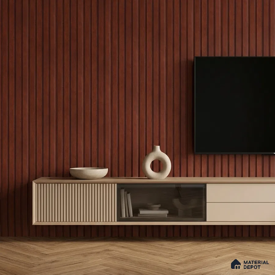 Minimalist TV unit with walnut brown fluted wall panels and beige matte laminate cabinet