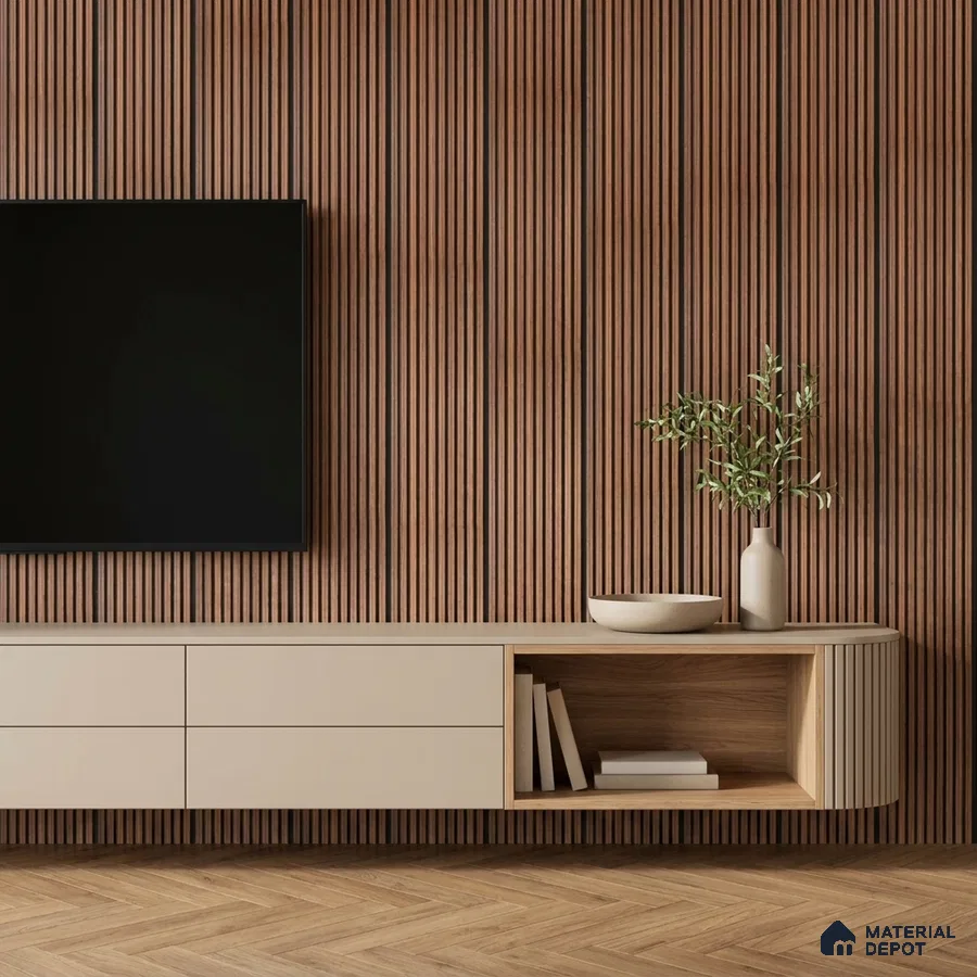 Minimalist TV unit with beige laminate, walnut wood fluted wall panels, and herringbone wooden flooring