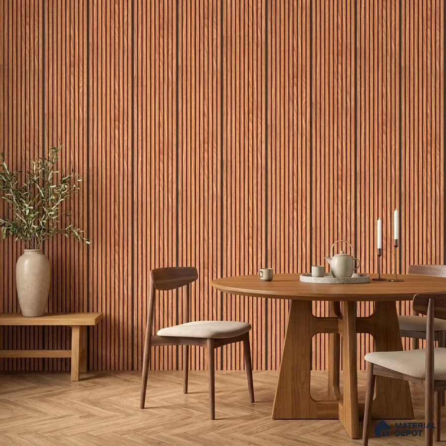 Scandinavian dining room with oak wood fluted wall panels and herringbone wooden flooring