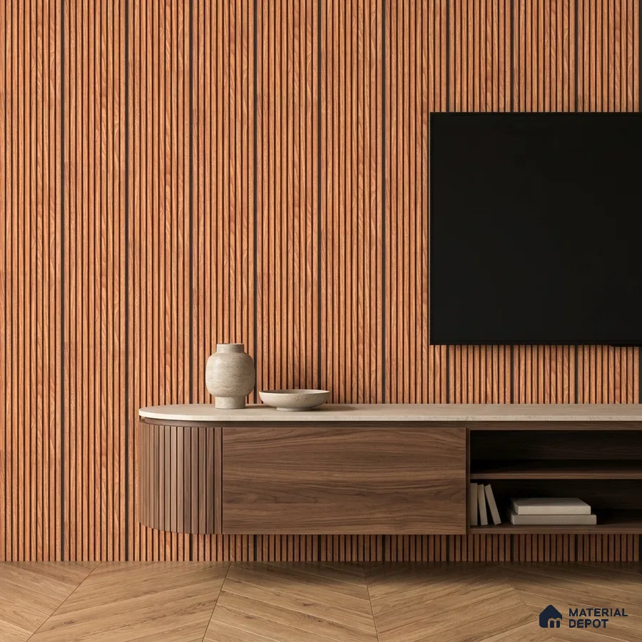 Minimalist TV unit with walnut wood laminate, terracotta fluted wall panels, and herringbone wooden floor tile