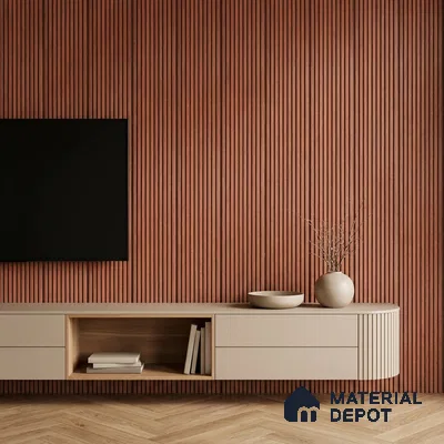 Minimalist TV unit with beige laminate, terracotta fluted wall panels, and light oak herringbone flooring