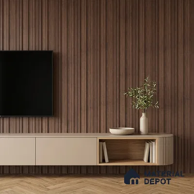 Minimalist TV unit with walnut brown fluted wall panels and beige laminate floating cabinet