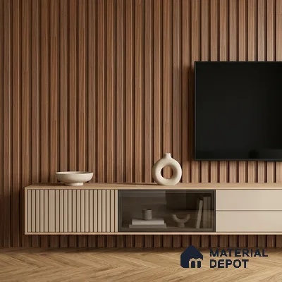 Minimalist TV unit with walnut wood fluted wall panels and beige matte laminate cabinet
