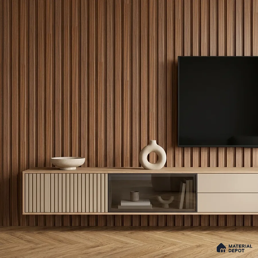 Minimalist TV unit with walnut wood fluted wall panels and beige matte laminate cabinet