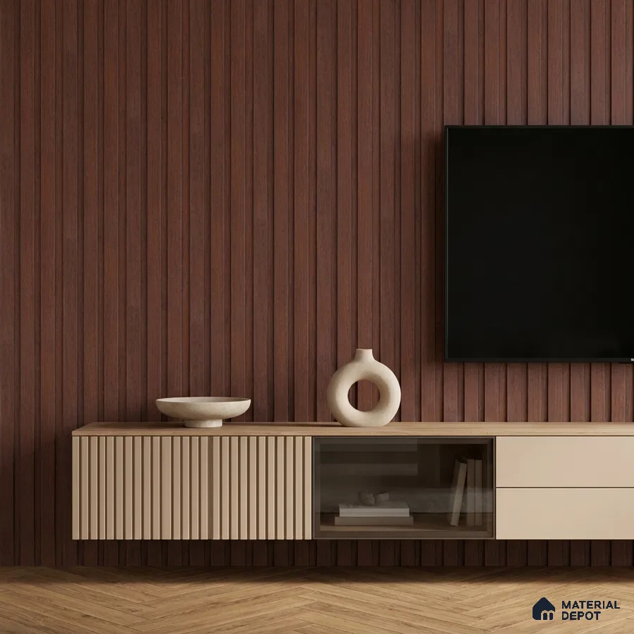 Minimalist TV unit with walnut brown fluted wall panels and beige matte laminate cabinet
