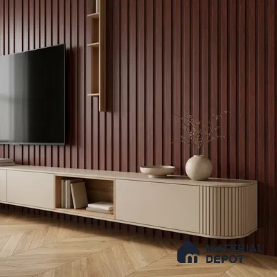 Modern TV unit with walnut brown fluted wall panels and beige laminate floating cabinet