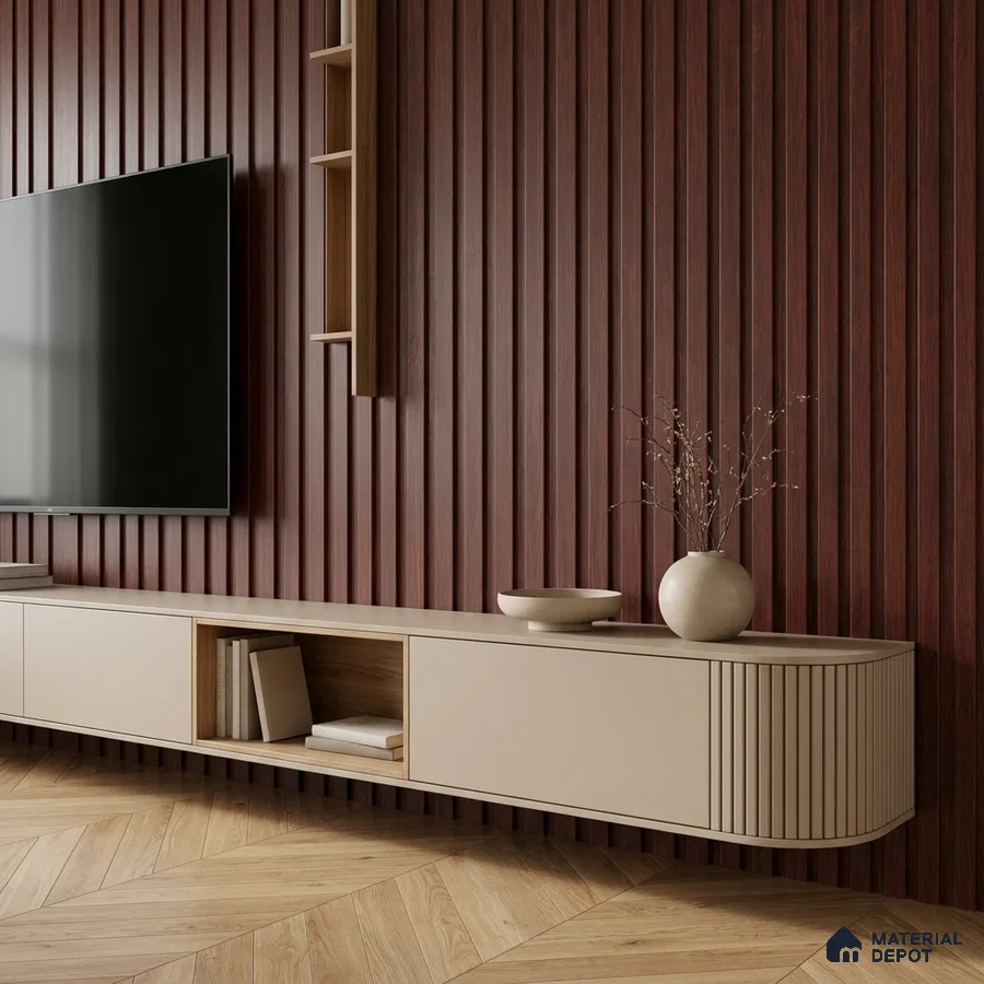 Modern TV unit with walnut brown fluted wall panels and beige laminate floating cabinet