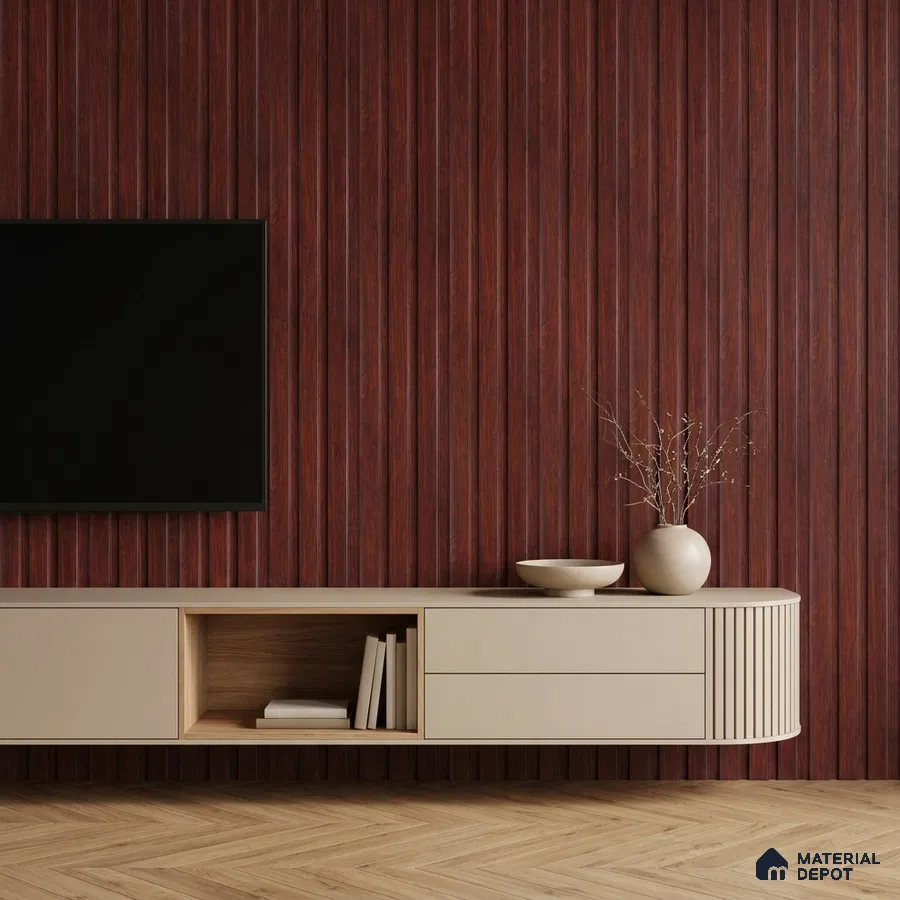 Minimalist TV unit with walnut brown fluted wall panels and beige laminate floating cabinet