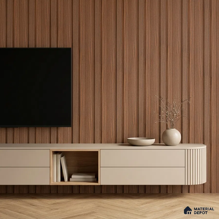 Minimalist TV unit with walnut wood fluted wall panels and beige matte laminate cabinet