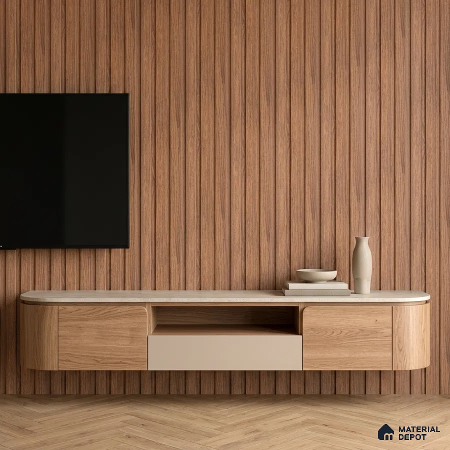 Scandinavian TV unit with oak wood laminate, beige laminate, and fluted wood wall panels
