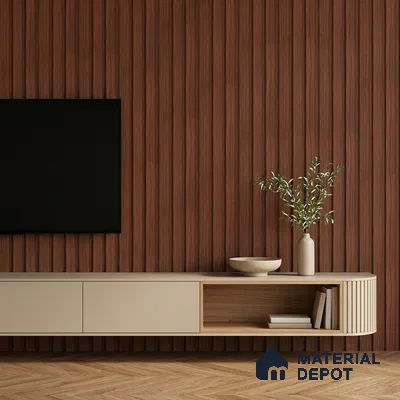 Minimalist TV unit with walnut brown fluted wall panels and beige matte laminate cabinet