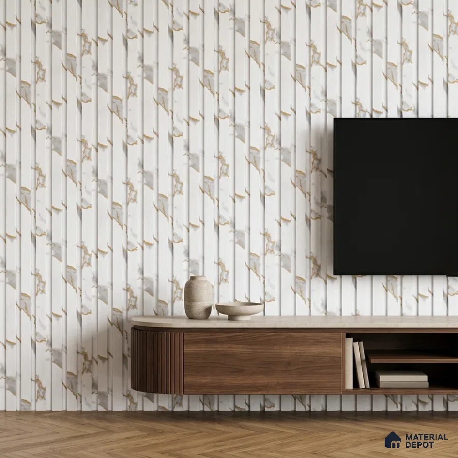 Modern TV unit with marble-look fluted laminate wall and walnut wood floating cabinet