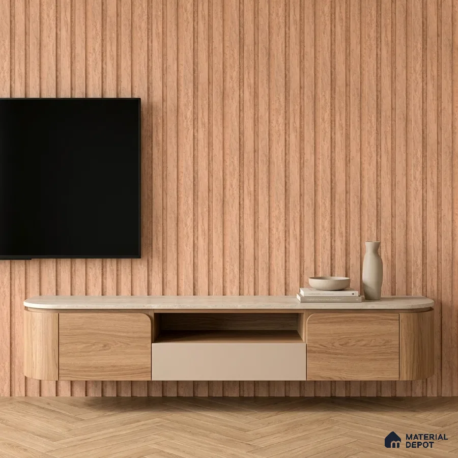 Minimalist TV unit with light oak wood laminate, beige solid laminate, and fluted wood wall panels