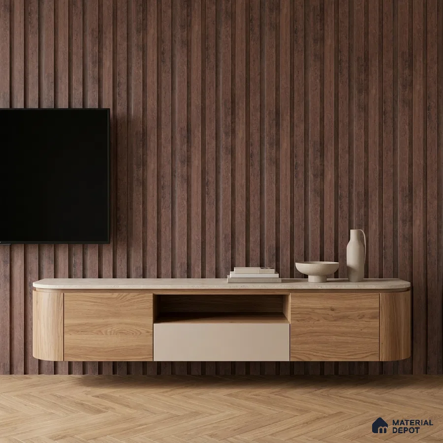 Minimalist TV unit with walnut wood louver wall and light oak laminate cabinet