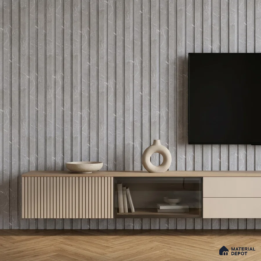 Minimalist TV unit with grey marble-look fluted wall panels and beige matte laminate cabinet
