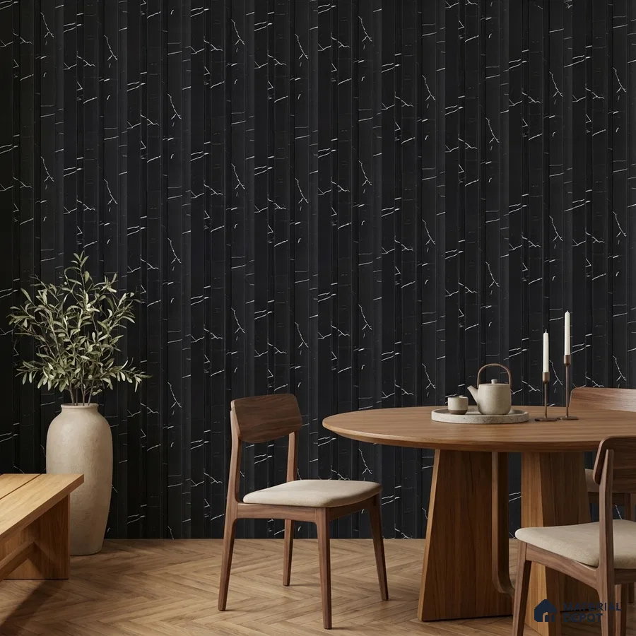 Scandinavian dining room with black marble-look fluted wall panels and natural oak wood furniture