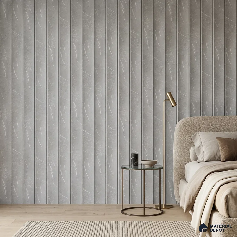 Minimalist bedroom with grey fluted wall panels and light wood flooring