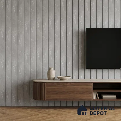 Minimalist TV unit with grey marble-look fluted wall panels and walnut wood floating cabinet