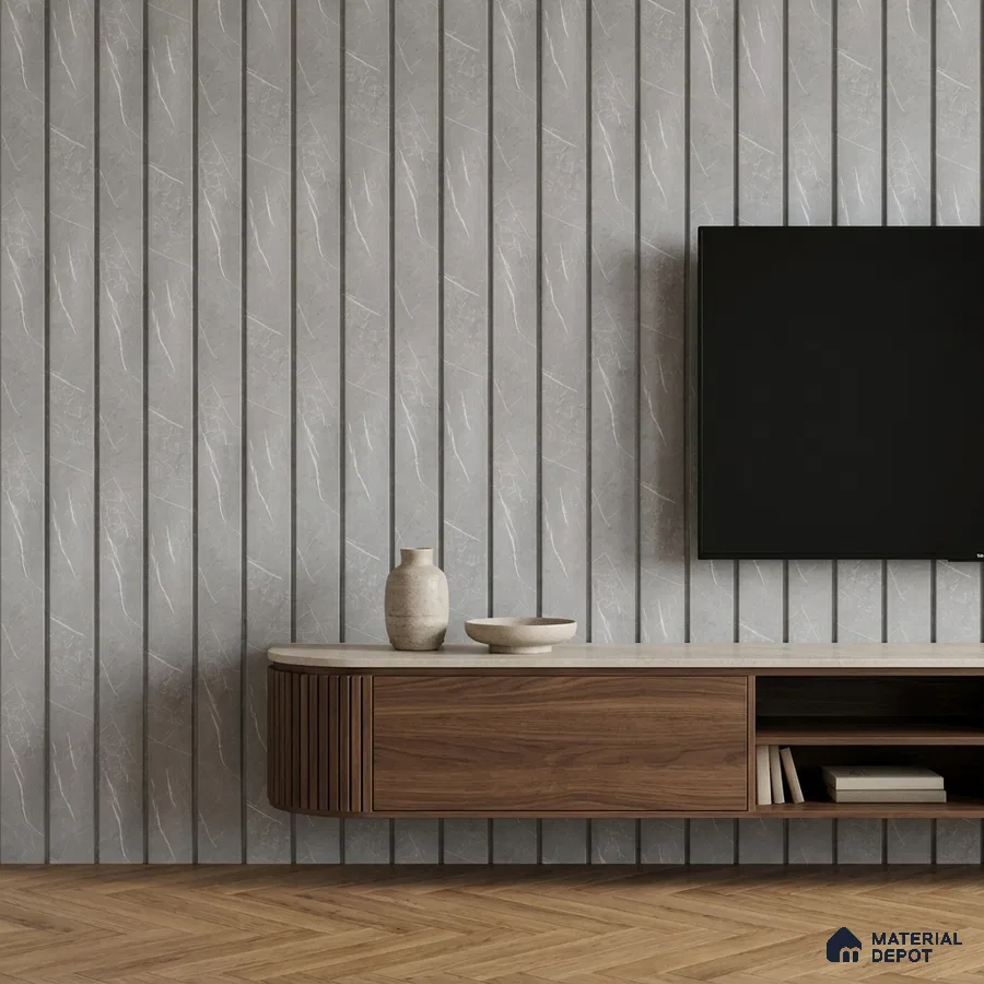 Minimalist TV unit with grey marble-look fluted wall panels and walnut wood floating cabinet