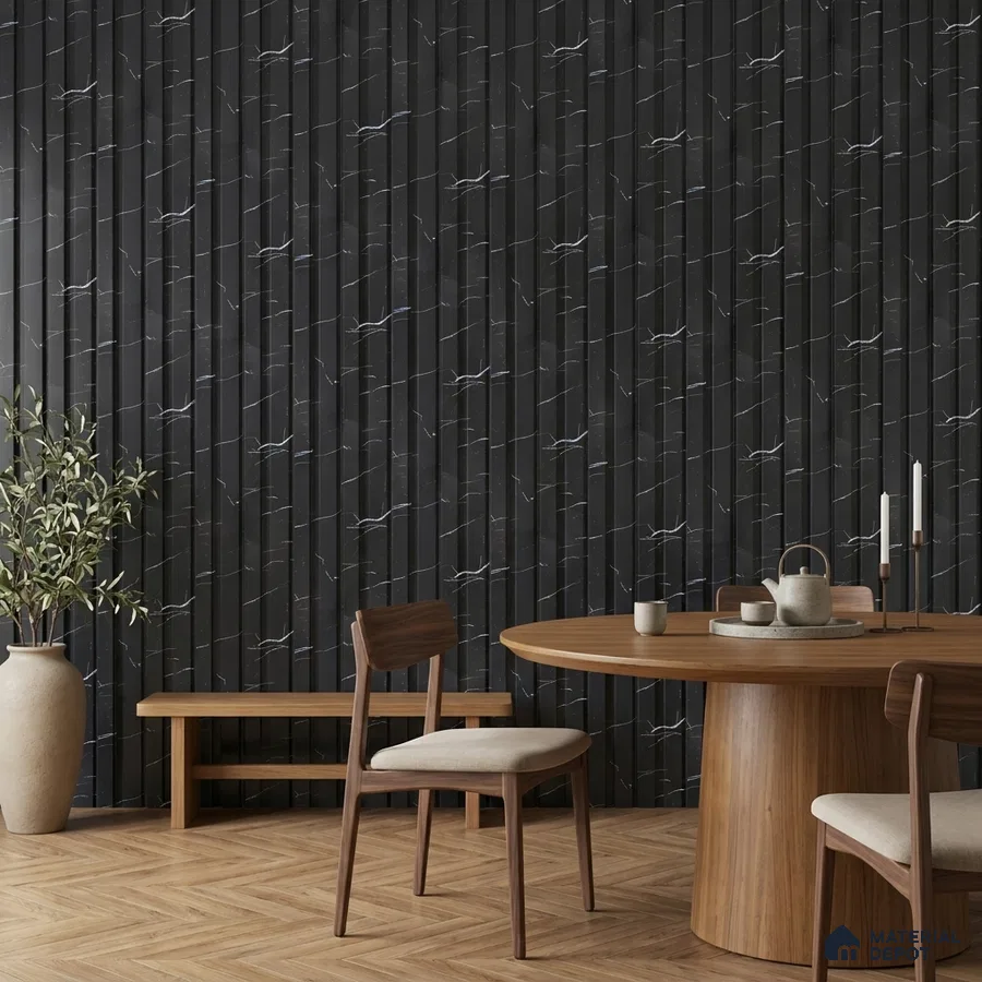 Japandi dining room with black marble fluted wall panels and natural wood dining set
