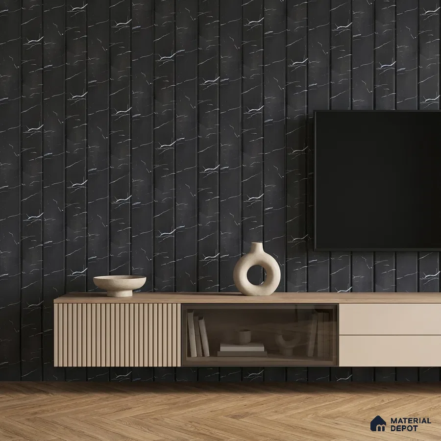 Modern TV unit with black marble-look fluted laminate wall and beige matte laminate cabinet