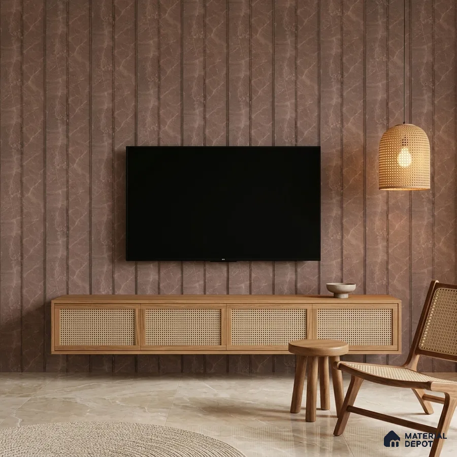 Japandi TV unit with brown marble-look fluted laminate wall and natural cane-front cabinet