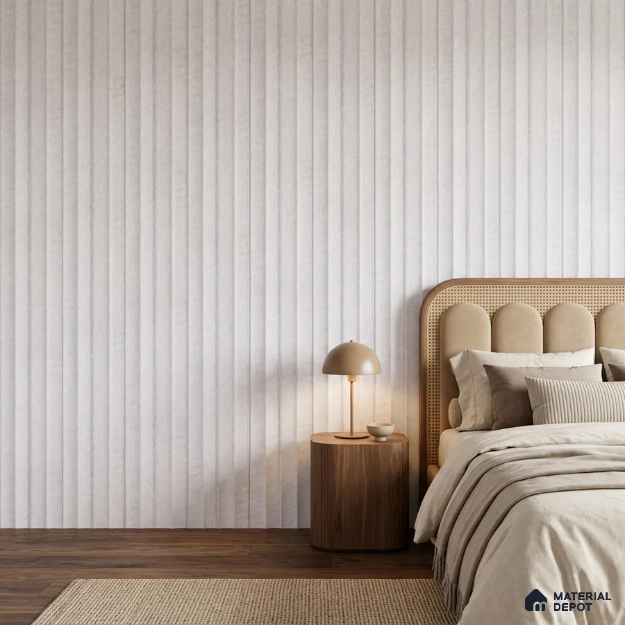 Japandi bedroom with fluted beige tile, cane headboard, and walnut wood flooring