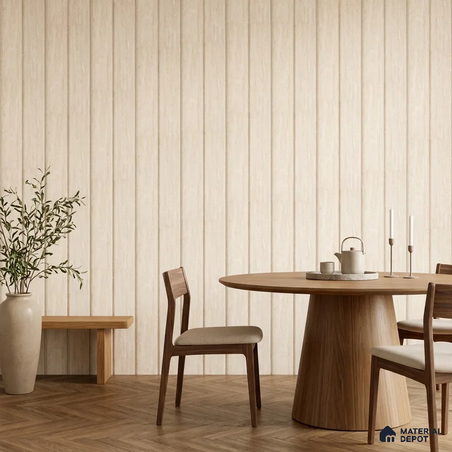 Scandinavian dining room with light wood fluted wall panels and herringbone wooden flooring