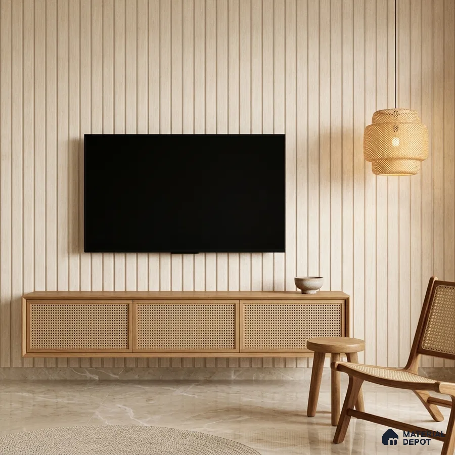 Scandinavian TV unit with light oak fluted wall panels and cane-front floating cabinet