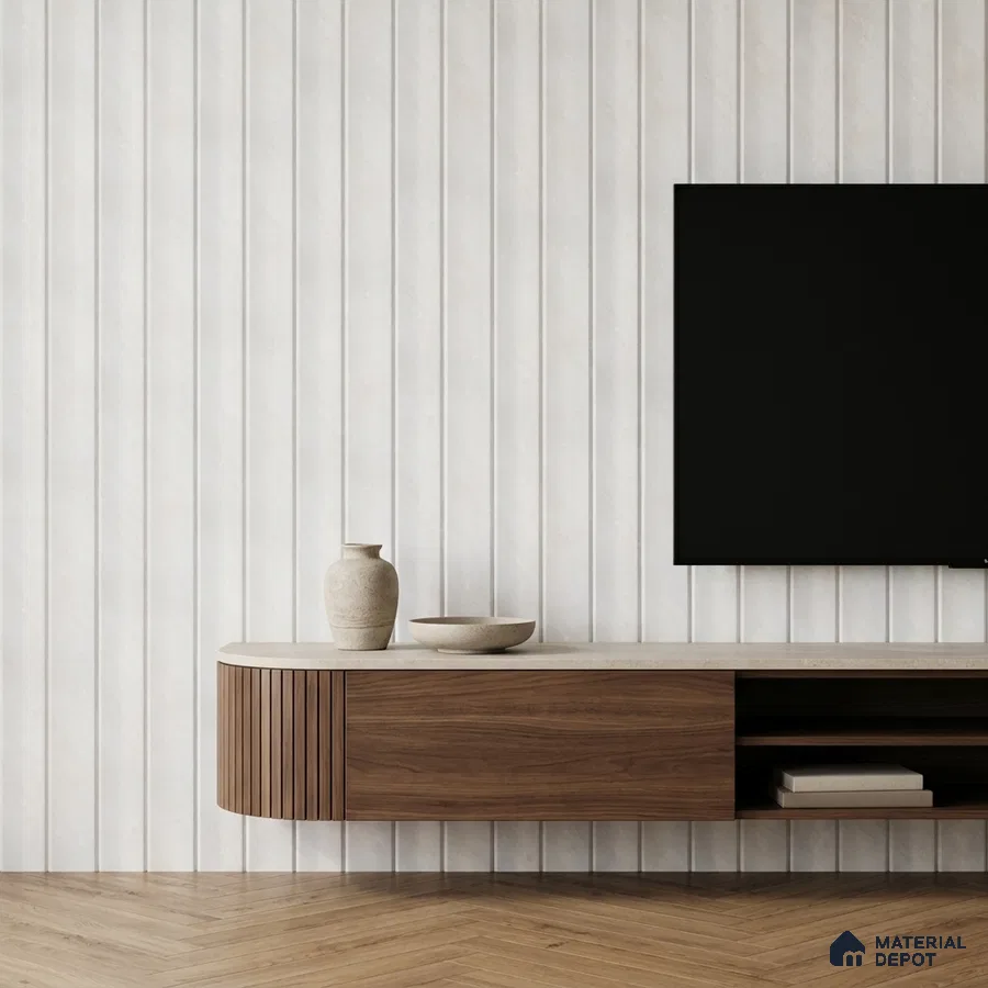 Minimalist TV unit with walnut wood laminate, white fluted wall panels, and herringbone wooden flooring