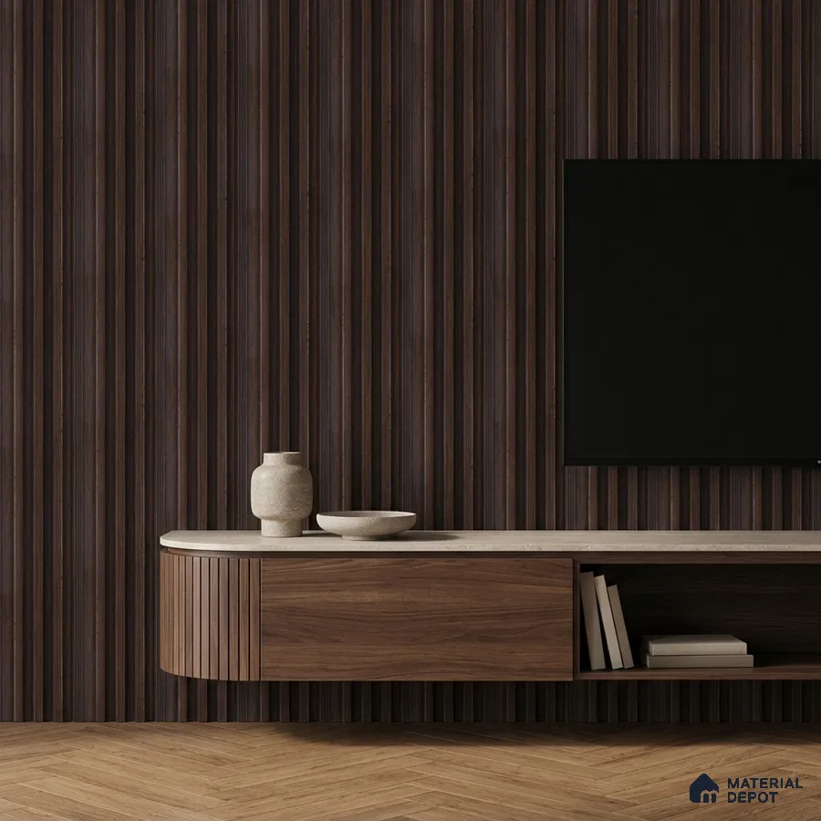 Minimalist TV unit with walnut wood laminate, fluted wall panels, and herringbone wooden flooring