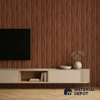 Minimalist TV unit with walnut wood fluted wall panels and beige laminate floating cabinet