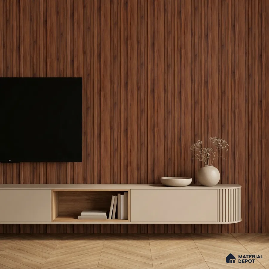 Minimalist TV unit with walnut wood fluted wall panels and beige laminate floating cabinet