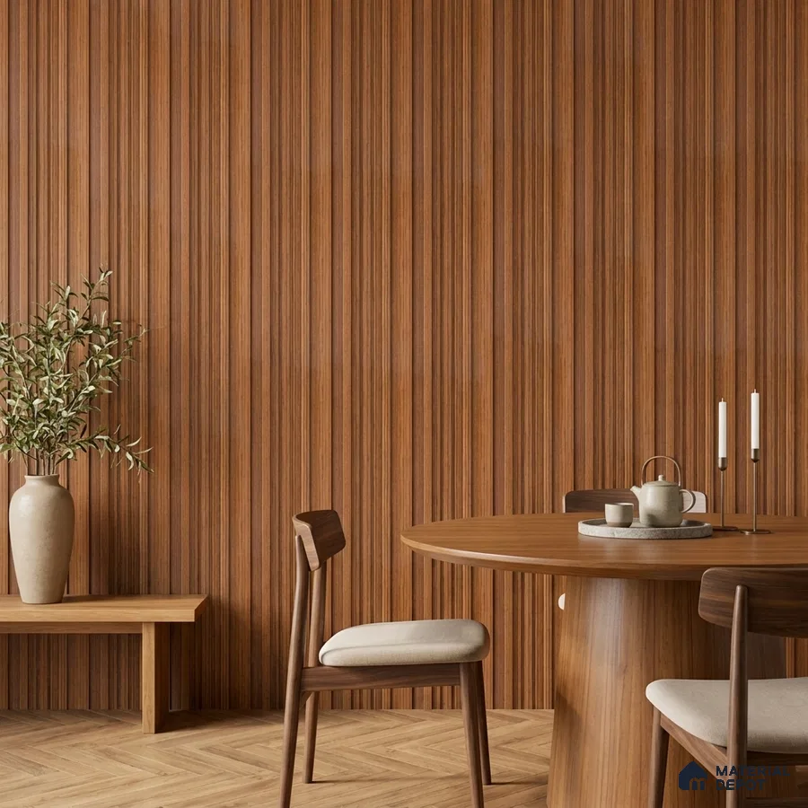 Scandinavian dining room with walnut fluted wall panels and light oak herringbone wooden flooring