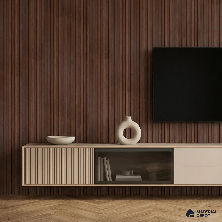 Minimalist TV unit with walnut wood fluted wall panels and beige matte laminate cabinet