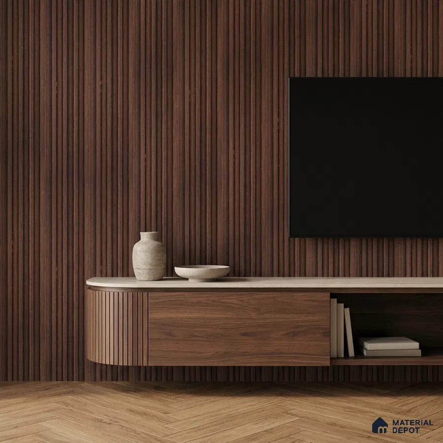 Minimalist TV unit with walnut wood fluted wall panels and light beige marble laminate top