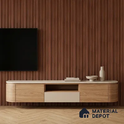 Minimalist TV unit with walnut wood fluted wall panels and light oak laminate floating cabinet