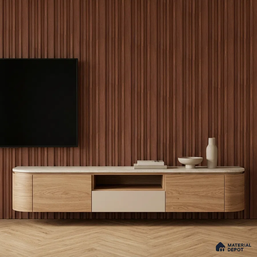 Minimalist TV unit with walnut wood fluted wall panels and light oak laminate floating cabinet