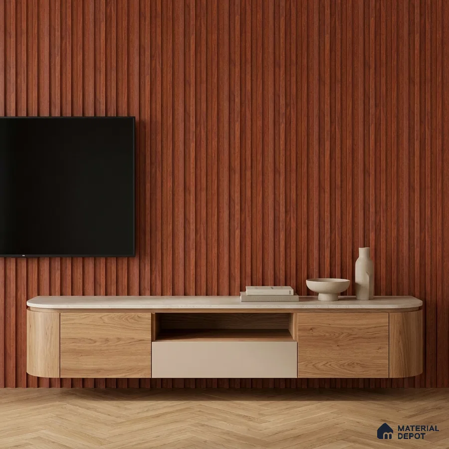 Minimalist TV unit with walnut wood fluted wall panels and light oak laminate cabinet