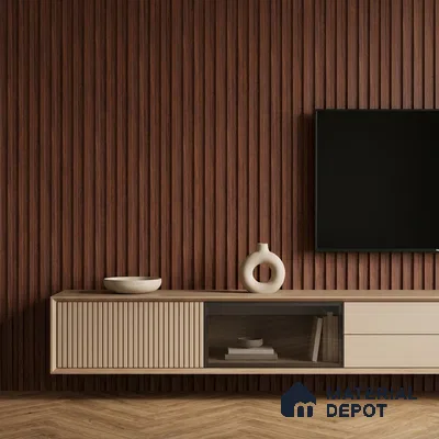 Minimalist TV unit with walnut brown fluted wall panels and beige laminate floating cabinet