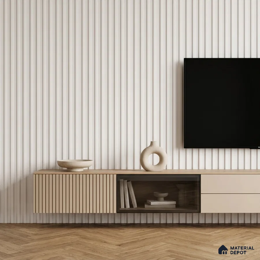 Minimalist TV unit with beige fluted laminate, white fluted wall panels, and herringbone wooden flooring