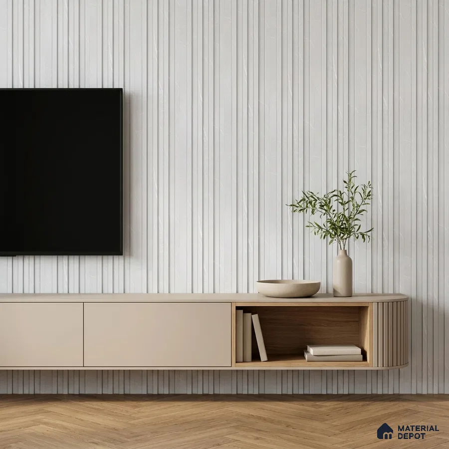 Minimalist TV unit with beige laminate, white fluted wall panels, and herringbone wooden flooring