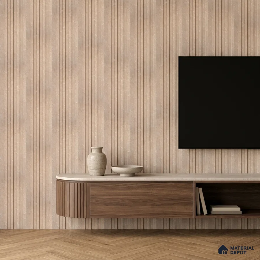 Minimalist TV unit with beige fluted wall panels, walnut wood laminate, and herringbone wooden flooring