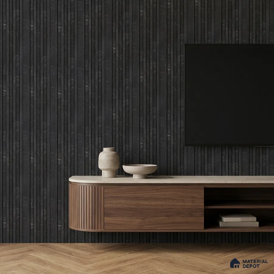 Minimalist TV unit with walnut wood laminate, black marble fluted wall panels, and herringbone wood flooring
