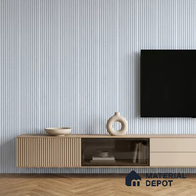 Minimalist TV unit with beige fluted laminate, light grey fluted wall panels, and herringbone wood flooring