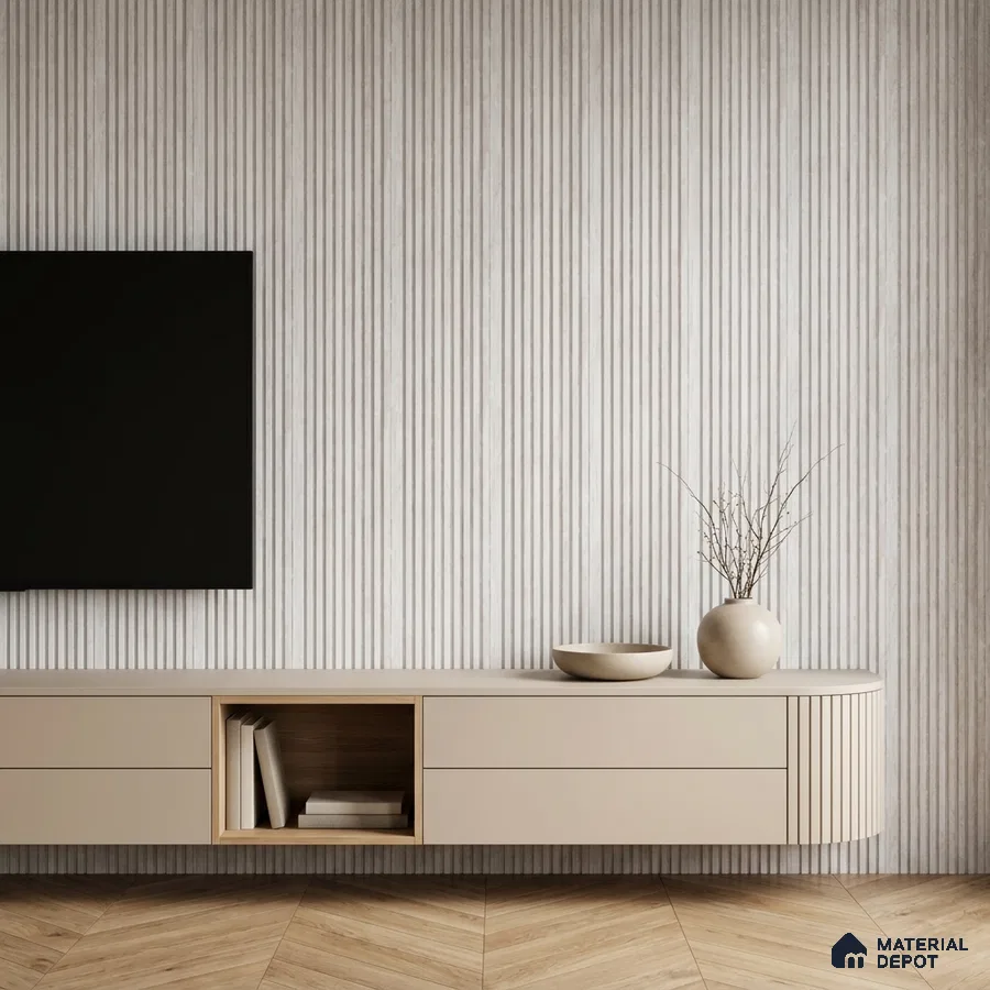 Minimalist TV unit with beige matte laminate, fluted wall panels, and herringbone wood floor