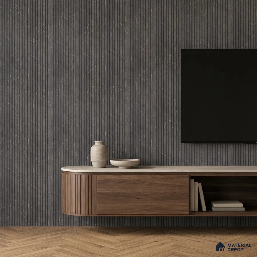 Minimalist TV unit with walnut wood laminate, grey fluted wall panels, and herringbone wooden flooring