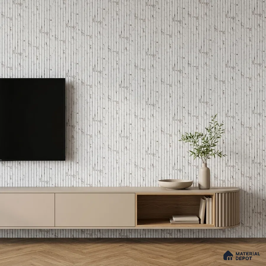 Minimalist TV unit with beige laminate, fluted detail, and marble-look vertical wall panels